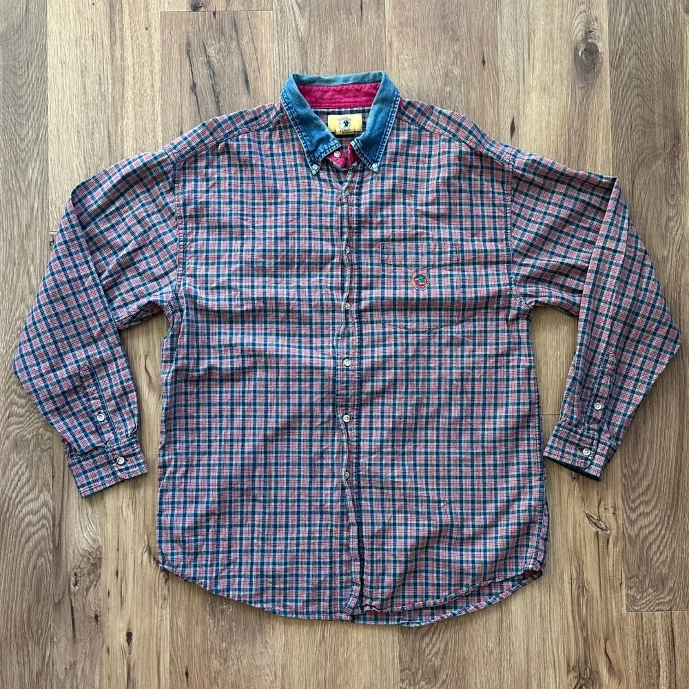 Y2K 90's Vintage Duck Head Denim Collar Madras Plaid Button Up Shirt Men's Large
